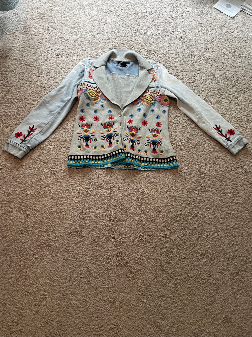 Desigual Embroidered Beige Cardigan Jacket with Multicolor Floral Accents